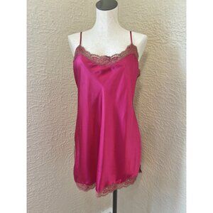 Victoria Secret Hot Pink Y2K Silky Satin Cami Lace Babydoll Slip Dress Sz L